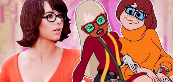 Linda as Velma, and the cartoon version of Velma and her love interest