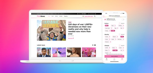 The PinkNews website's homepage and accompanying app against a rainbow backdrop