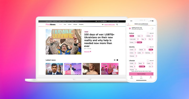 The PinkNews website's homepage and accompanying app against a rainbow backdrop