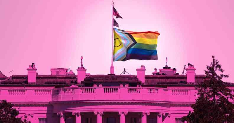 White House with a Progress Pride flag flying