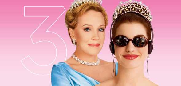 Julie Andrews and Anne Hathaway in tiaras and jewels with a number three in the background