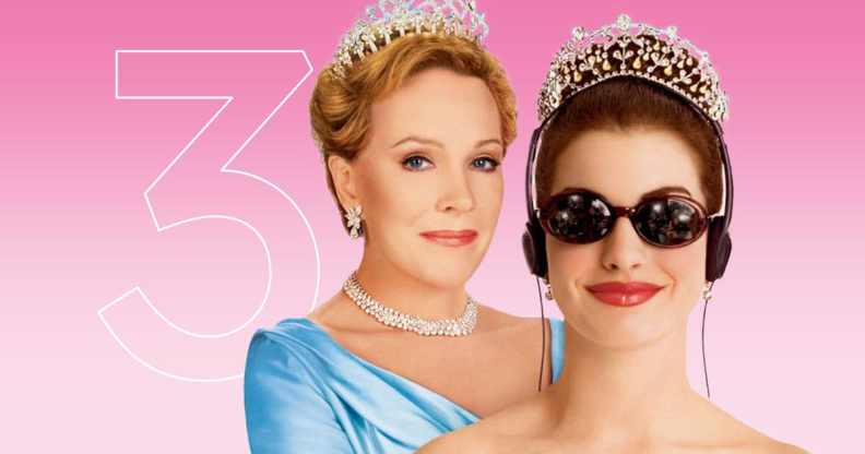 Julie Andrews and Anne Hathaway in tiaras and jewels with a number three in the background