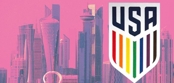 The Qatar skyline, in pink, with the new USA badge featuring rainbow stripes