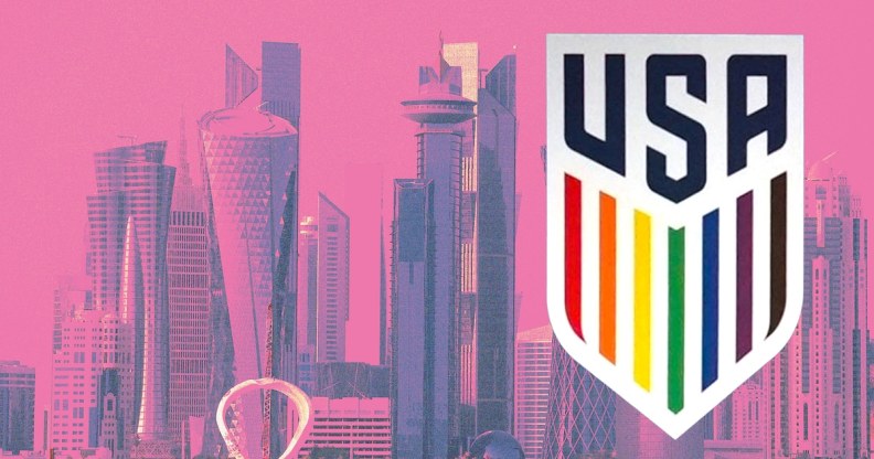 The Qatar skyline, in pink, with the new USA badge featuring rainbow stripes