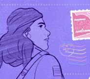 An animated image of a woman against a purple background. A stamp is shown on the top right hand side in a postcard style reading "LGBTQ Refugees Welcome".