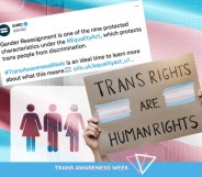 An image of the EHRC post next to a placard advocating for trans rights