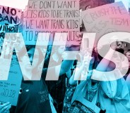 Protestors holding placards in support of trans kids, with the NHS logo and trans flag overlaid