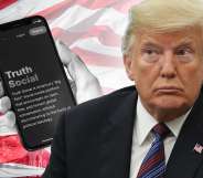 Donald Trump in front of a US flag, with a phone showing his Truth Social site