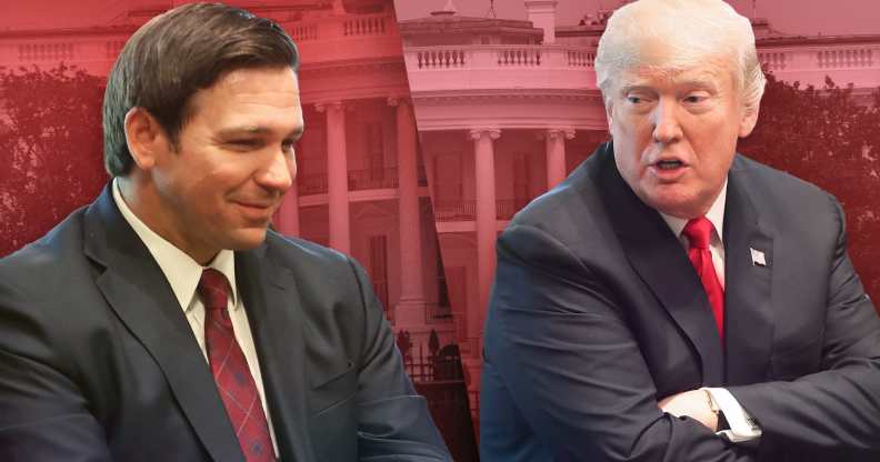 A split-screen graphic of Ron DeSantis and Donald Trump seated against a pink-tinted background of the White House