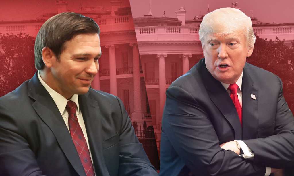 A split-screen graphic of Ron DeSantis and Donald Trump seated against a pink-tinted background of the White House
