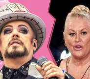 A graphic showing Boy George's face on the left in front of a pink background that's been torn in half with TV personality Kim Woodburn's face on the right in front of a black background