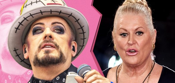 A graphic showing Boy George's face on the left in front of a pink background that's been torn in half with TV personality Kim Woodburn's face on the right in front of a black background