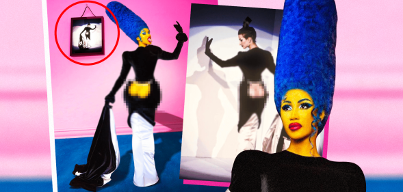 Cardi B in a black dress with a bum cut-out and tall blue Marge Simpson-style hair