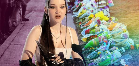 A collage of Dove Cameron in front of floral tributes to the Colorado Springs shooting victims