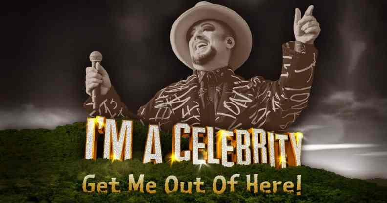 Boy George, wearing a hat and holding a microphone, and the I'm A Celebrity logo