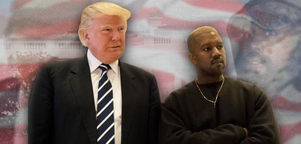 A graphic composite showing Donald Trump and Kanye West superimposed over a faded American flag background