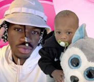 A graphic of Lil Nas X posing with his hand up in a peace sign near his head side-by-side with a picture of a young child holding a canine stuffed animal