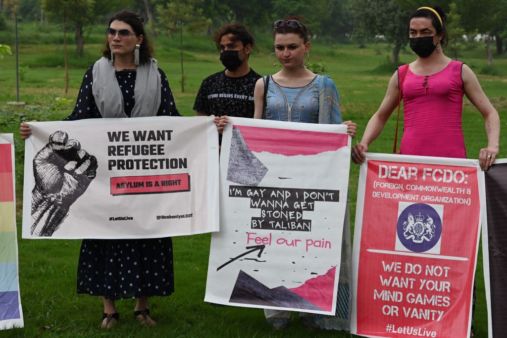 Members of LGBTQ community from Afghanistan stage a protest in Pakistan's capital Islamabad on August 11, 2022.