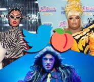 A graphic composite showing RuPaul's Drag Race stars Bosco, Kandy Muse and Daya Betty with a Twitter and peach graphic placed in the centre