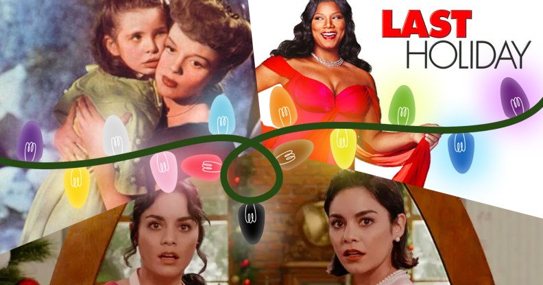 An edited image showing a still image of Judy Garland and Margaret O'Brien in Meet Me in St Louis in the top left hand corner. In the top right hand corner is a picture of Queen Latifah in Last Holiday, while Vanessa Hudgens playing two separate characters in The Princess Switch is pictured along the bottom half of the image. Colourful Christmas lights run through the middle of the image.