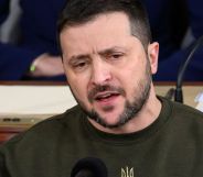 Volodymyr Zelenskyy in an army green jumper, speaks to the US parliament.