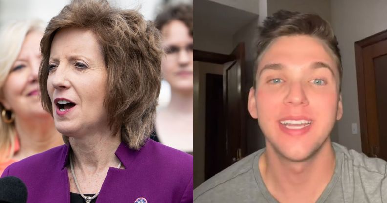 A split image of Republican politician Vicky Hartzler on the left, in a purple suit, and an image of Andrew Hartzler on the right.