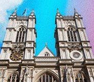 The Church of England's Westminster Abbey, with a background in the colours of the trans Pride flag