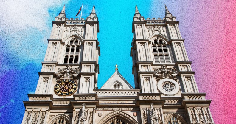 The Church of England's Westminster Abbey, with a background in the colours of the trans Pride flag