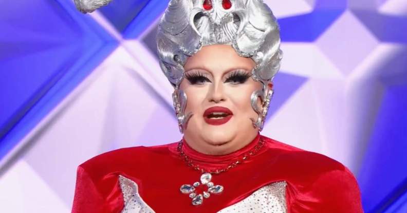 Drag Race contestant Victoria Scone wears a red and white/silver outfit during the Canada's Drag Race: Canada vs the World finale