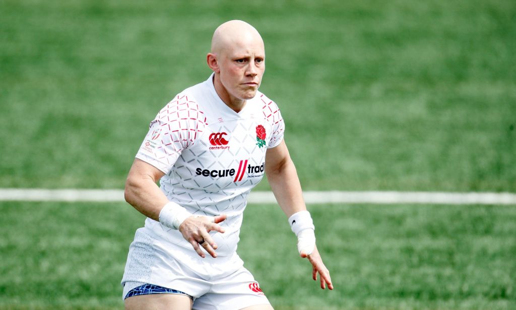 England rugby player Heather Fisher looks on during a game against Russia during the HSBC World Rugby Sevens Series