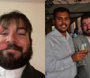 Gian Luca Rodrigues Cavallaro pictured in a close-up selfie on the left with his hand raised in the peace sign. On the right, Gian is photographed posing with his husband.