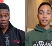 side by side images of Herschel Walker speaking at a podium and still shot from a video posted by his son, Christian