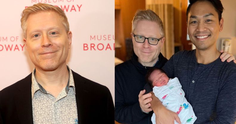 Side by side photos of Anthony Rapp and then an image of Rapp and his partner Ken Ithiphol holding their newborn child