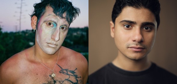 A side-by-side image showing Layla creator Amrou Al-Khadi aka Glamrou wearing white makeup and showing a unicorn tattoo on their chest, and lead actor Bilal Hasna wearing a black t-shirt