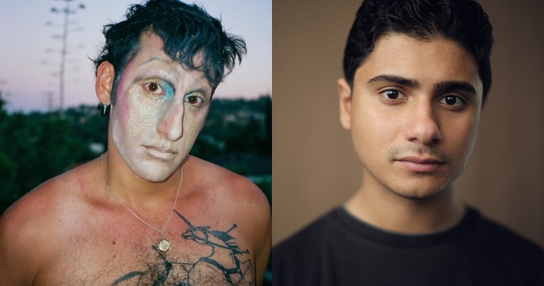 A side-by-side image showing Layla creator Amrou Al-Khadi aka Glamrou wearing white makeup and showing a unicorn tattoo on their chest, and lead actor Bilal Hasna wearing a black t-shirt