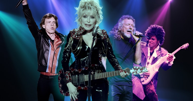 Dolly Parton on stage with a guitar, flanked by Prince, Mick Jagger and Robert Plant