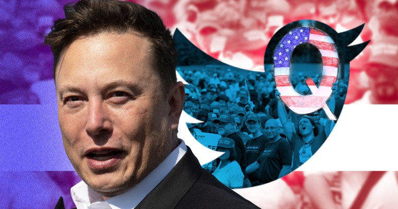 Elon Musk with a Twitter logo and QAnon symbol in the background