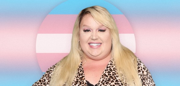 Eureka in front of a trans flag background