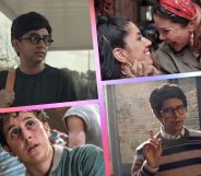 A graphic split into four images showing LGBTQ+ characters from recent movies. Top left is actor Nik Dodani as Jared from Nik Dodani) in Dear Evan Hansen, to the right shows Lady Gaga as Patrizia Reggiani from House of Gucci, bottom left shows Iris Menas as Anybodys from West Side Story and to the right is Ben Whishaw as Q from No Time to Die