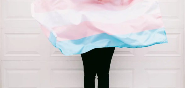 An image showing a person holding a transgender flag against a pale pink wall. The picture does not show the person's face