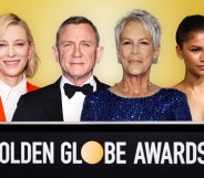 A graphic showing four Golden Globe nominees, Cate Blanchett, Daniel Craig, Jamie Lee Curtis and Zendaya standing next to each other with a sign below them that says "Golden Globe Awards". The background is coloured gold. (Getty)