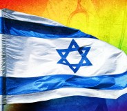 A graphic depicting the flag of Israel with a rainbow LGBTQ+ Progressive Pride flag in the background