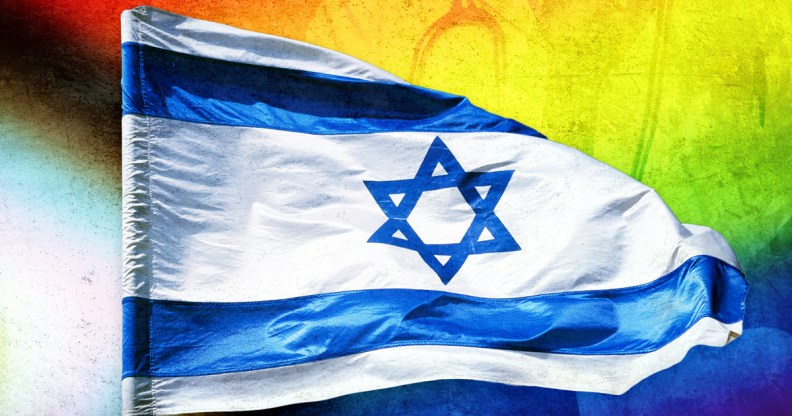 A graphic depicting the flag of Israel with a rainbow LGBTQ+ Progressive Pride flag in the background