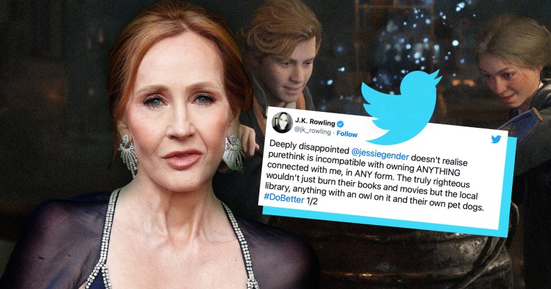 JK Rowling next to an image of her tweet, which is cut out in front of a still from the Hogwarts Legacy video game.