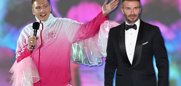 A graphic showing on the left an image of comedian Joe Lycett dressed in a pink and white frilly top and David Beckham on the white dressed in a tuxedo. The background shows pink and blue spots