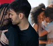 Two couples kissing one another in two seperate images.