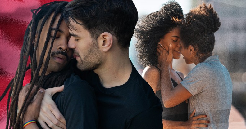 Two couples kissing one another in two seperate images.