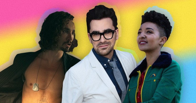 A graphic composite showing different pansexual characters from TV programmes - Klaus Hargeeves (L), David Rose and Ola Nyman (R) all superimposed in front of the pansexual Pride flag.