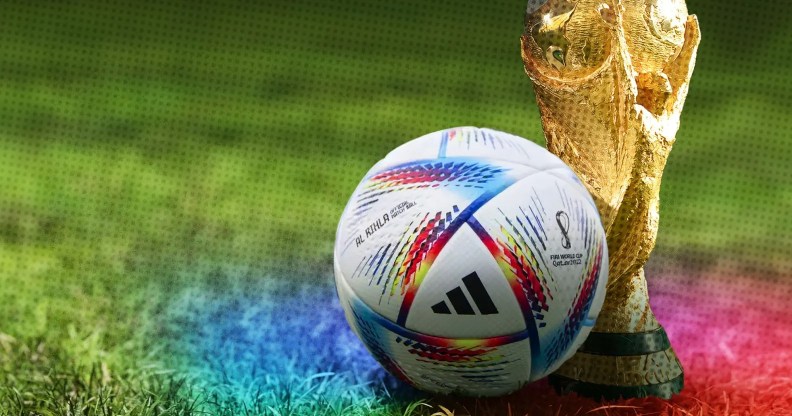 The World Cup trophy and a football with rainbow colours marked over the image in the bottom right-hand corner