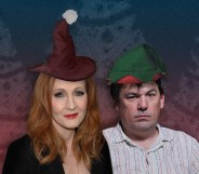 A graphic showing Harry Potter author JK Rowling (left) wearing a witch's hat and Father Ted creator Graham Linehan wearing an elf hat against a background showing Christmas tree shapes